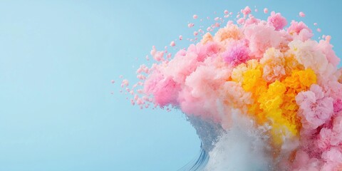 Naklejka premium A colorful explosion of pink, yellow, and orange clouds. The image is a vibrant and dynamic representation of a colorful explosion