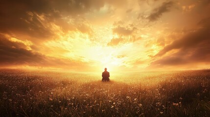 Fototapeta premium Silhouette of a tranquil meadow under a dramatic golden sunset sky, capturing the serene beauty of nature, wide-open spaces, and peaceful contemplation at dusk.