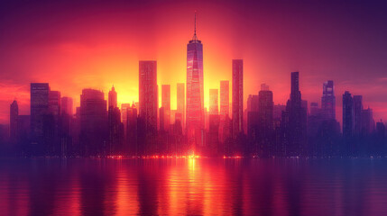 Fototapeta premium Vibrant sunset over a modern city skyline reflected in water.
