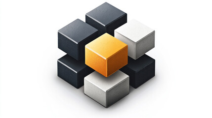 Obraz premium Interconnected cubes; central yellow cube surrounded by gray and white ones.