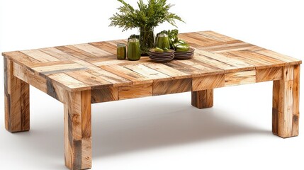 Rustic reclaimed wood coffee table with plants and decor.