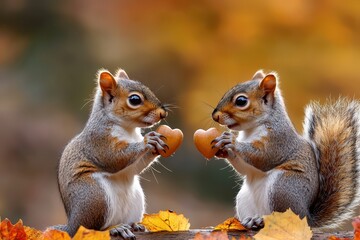 Two playful squirrels holding acorns in a beautiful autumn setting.