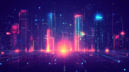 Fototapeta premium cityscape with space and neon light effect. Modern hi-tech, science, futuristic technology concept. Abstract digital high tech city design for banner background
