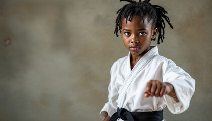 A portrait of a young Black American child practicing karate, showcasing focus, discipline, and determination in a martial arts stance.