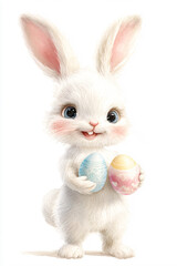 Obraz premium Standing Fluffy Bunny with Decorated Easter Eggs against a Whimsical Backdrop