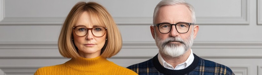Obraz premium Stylish Mature Couple in Cozy Attire Against Elegant Backdrop, Showcasing Seasonal Fashion Trends for Men and Women, Emphasizing Modern Style and Class