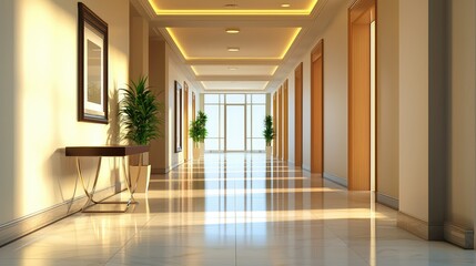 Fototapeta premium Bright and Modern Interior Corridor with Elegant Lighting, Polished Floors, and Potted Plants Creating a Welcoming Atmosphere in a Contemporary Building