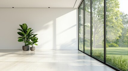 Fototapeta premium Bright and Spacious Interior with Large Windows Showcasing Natural Light and Greenery, Ideal for Modern Living Spaces and Minimalist Decor