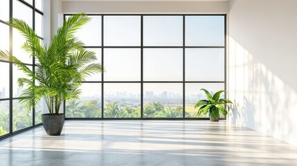 Bright and Spacious Interior with Large Windows Overlooking a Lush Landscape, Featuring Green Plants for a Fresh and Inviting Atmosphere