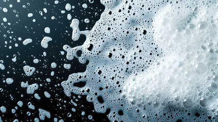 Bubbles and foam create abstract pattern on dark background, evoking sense of freshness and cleanliness