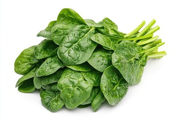 Obraz premium A large bunch of spinach leaves with rich green tones, isolated on a white background