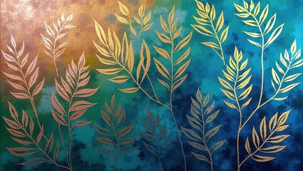 Naklejka premium Bold Acrylic Painting of Holographic Araucaria Leaves in Flux