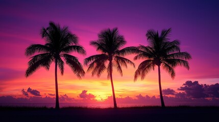 Obraz premium Silhouetted palm trees against a vibrant purple and pink sunset sky over the ocean, capturing the serene beauty of a tropical paradise at golden hou