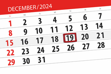 Fototapeta premium Calendar 2024, deadline, day, month, page, organizer, date, December, thursday, number 19