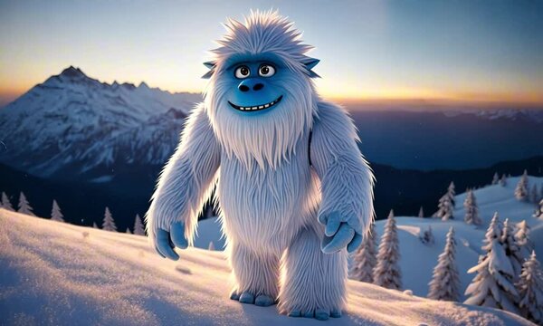 A 3d jolly yeti cartoon character mascot digital art with a blue and white fluffy body, set on a snowy mountain peak under a shimmering aurora