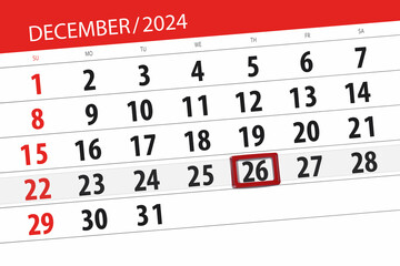 Calendar 2024, deadline, day, month, page, organizer, date, December, thursday, number 26