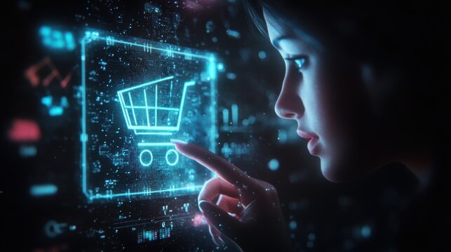 Glowing shopping cart hologram digital sale promotion poster design for holiday shopping season.