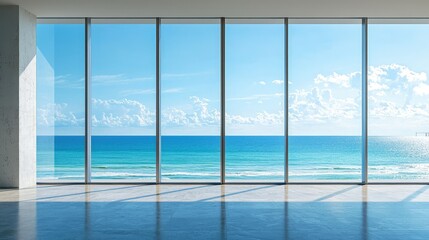 Modern Minimalist Coastal Interior with Stunning Ocean View Through Large Windows, Bright Blue Sky and Tranquil Beach Scene Capturing Serenity and Style