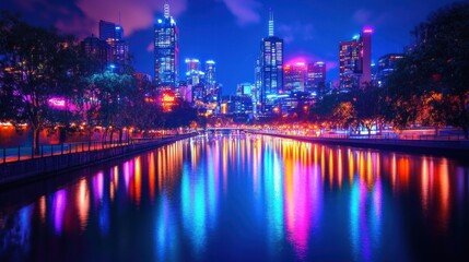 melbourne city night skyline reflection