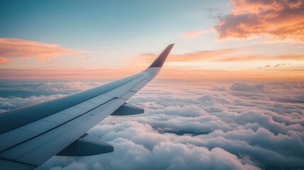 Obraz premium Airplane wing against a colorful sunrise sky, soaring above soft, fluffy clouds, capturing the peaceful beauty of morning travel and wanderlust.