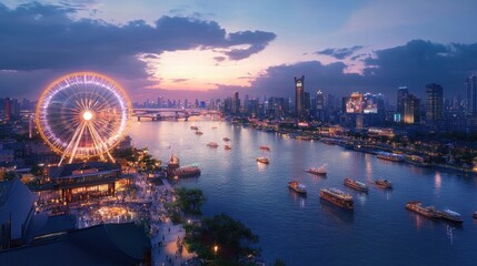 Obraz premium nanjing cityscape at sunset with ferris wheel