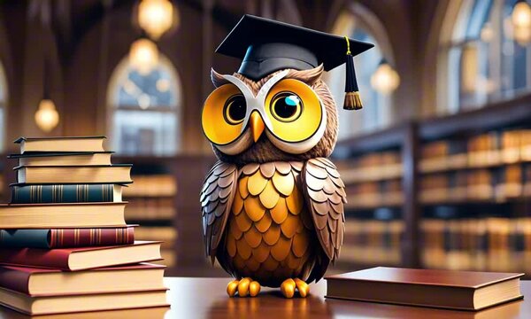 A 3d whimsical owl cartoon character mascot digital art with a graduation cap, perched on a stack of books in a glowing library setting
