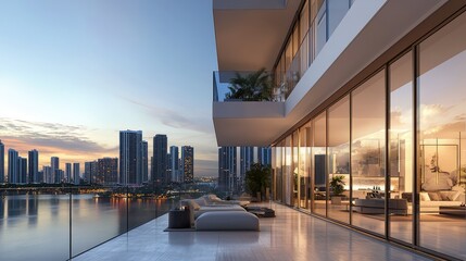 Modern Waterfront Apartment with Panoramic City View at Sunset, Showcasing Contemporary Architecture and Luxurious Urban Living Spaces