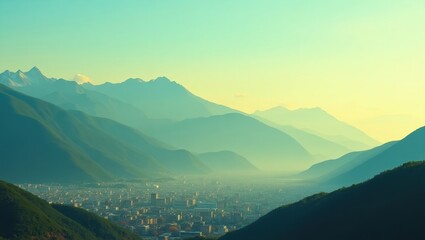 Fototapeta premium Serene Copper-Toned City Beneath Majestic High Mountain Peaks