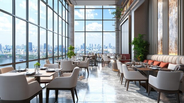 Modern city restaurant interior with panoramic windows, contemporary furniture, vibrant atmosphere, and stunning skyline view, perfect for dining experiences
