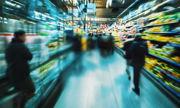 A bustling grocery store aisle filled with shoppers and products.