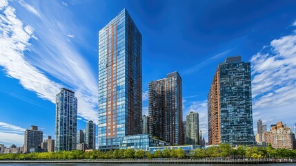 Fototapeta premium Modern Skyscrapers and Urban Landscape with Blue Sky and Clouds Reflecting in Glass Facades Along Waterway in a Vibrant Cityscape