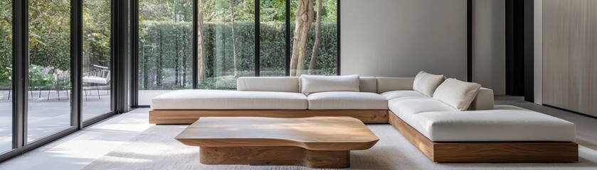 A modern living room featuring a minimalist design with a low sofa and a wooden coffee table, surrounded by large glass windows that bring in natural light.