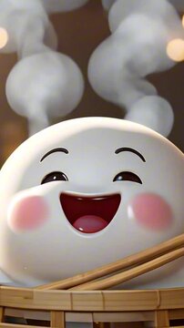 vertical 9:16 3d cheerful dumpling cartoon character mascot digital art with rosy cheeks, sitting in a bamboo steamer with steam curling around, surrounded by chopsticks and dipping sauces