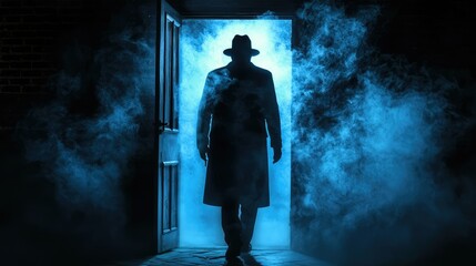 Obraz premium Mysterious Silhouette of a Figure in a Trench Coat Stepping into a Dimly Lit Doorway Surrounded by Blue Smoke and Shadows