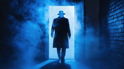 Fototapeta premium Mysterious Figure in Hat Steps Through Foggy Doorway, Surrounded by Enigmatic Blue Smoke, Creating an Atmosphere of Suspense and Intrigue