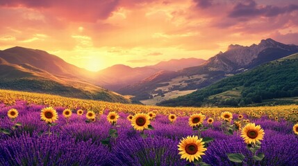 Obraz premium sunflowers and lavender field at sunset in the mountains