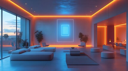 Modern minimalist living room with neon lighting, sunset view, and comfortable seating.