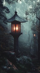 Mysterious glowing lantern illuminating a forest path at dusk surrounded by tall trees and dense fog