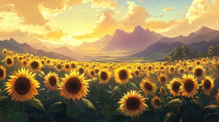 Fototapeta premium sunflowers at sunset in mountain valley