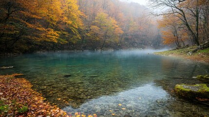 Tranquil Autumn Lake Surrounded by Vibrant Trees and Mystical Fog in a Serene Natural Environment Reflecting the Beauty of Fall