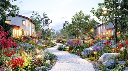 Naklejka premium Winding path through a vibrant garden community with houses.