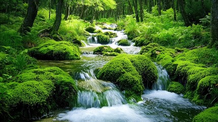 Tranquil Flowing Stream Surrounded by Lush Greenery and Vibrant Moss in a Serene Forest Landscape Captivating Nature's Beauty