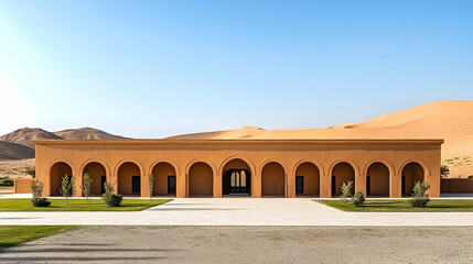 Fototapeta premium Moroccan Desert Caravanserai with arched courtyards and sand dune views, historic trade post