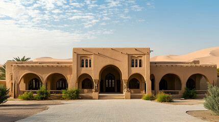 Fototapeta premium Moroccan Desert Caravanserai with arched courtyards and sand dune views, historic trade post