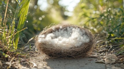 Nest Made of Twigs and Soft Material Surrounded by Greenery on a Pathway in Nature, Symbolizing New Beginnings and Natural Habitat