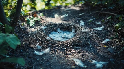 Obraz premium Abandoned Bird Nest Surrounded by Forest Floor Debris and Soft Feathers in a Natural Setting with Vibrant Green Foliage and Sunlight Filtering Through Leaves