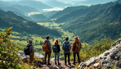 Fototapeta premium A breathtaking view from a scenic overlook, where a diverse group of travelers in casual hiking gear admire lush valleys below.
