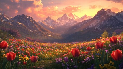 mountain meadow sunset with tulips