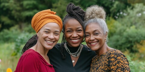 Three women with different hair colors and styles are smiling and posing for a photo. Scene is happy and friendly, as the women are enjoying each other's company and sharing a moment together