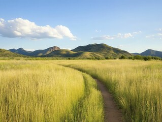 Obraz premium Scenic dirt path winding through lush tall grass on sunny day in the countryside.